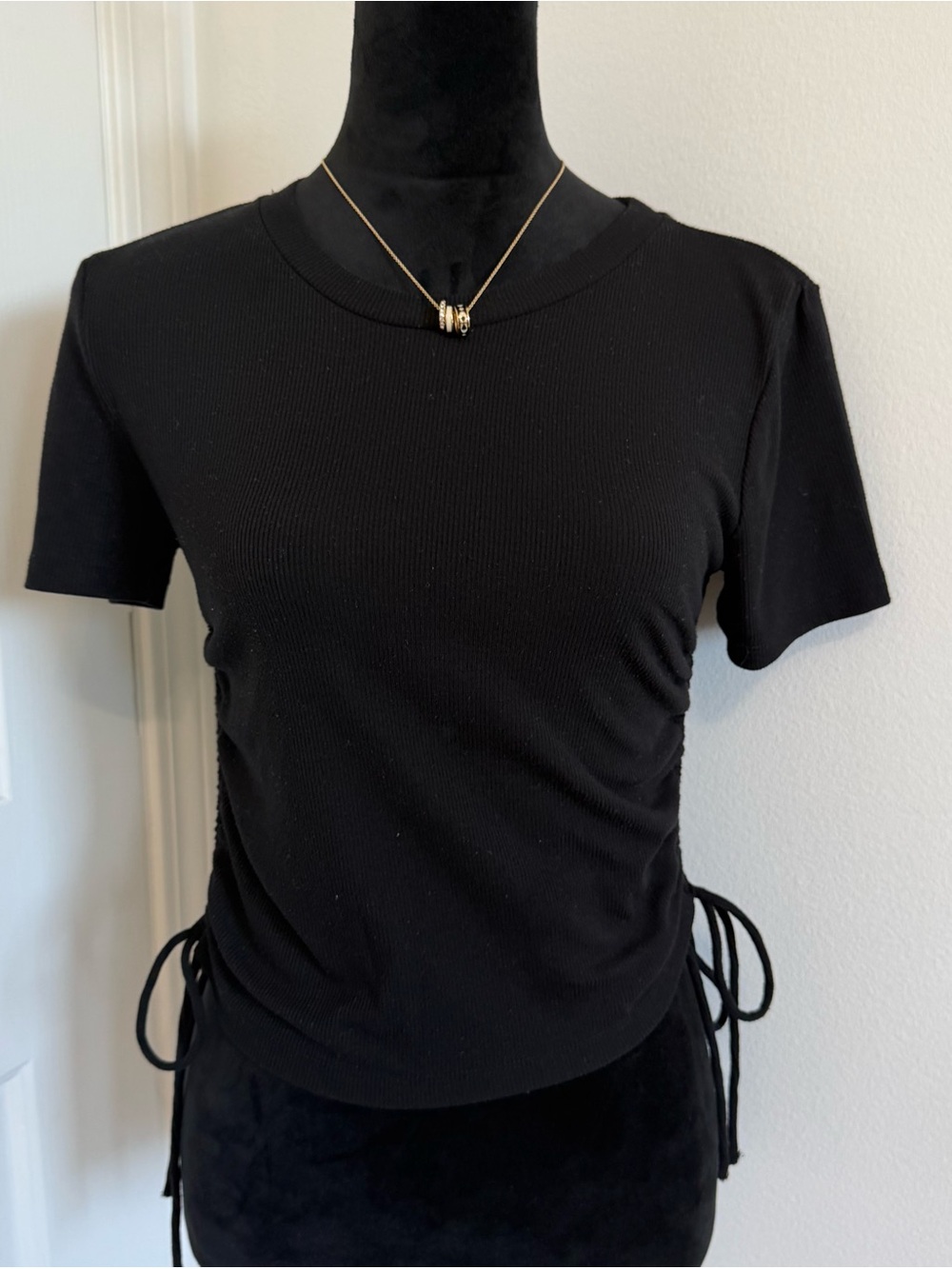 Zara Black Short Sleeve Side-Tie Ribbed Top
